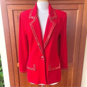 St.John Elegant Embellished Knit Cardigan Jacket In Bright Strawberry Red Color